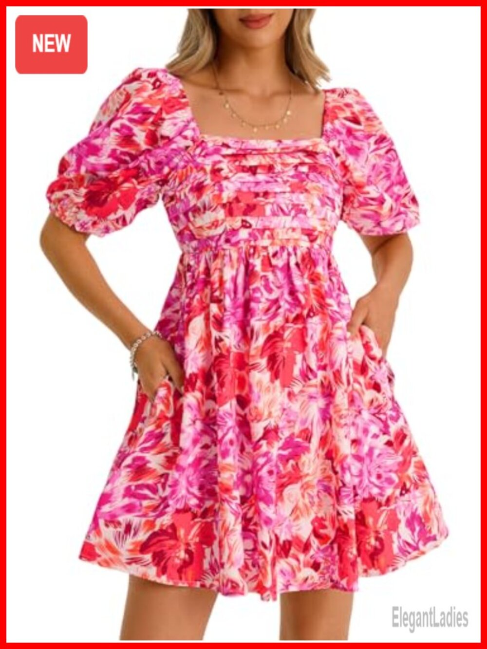 Womens Floral Square Neck Puff Short Sleeve Smocked Babydoll Mini Dress